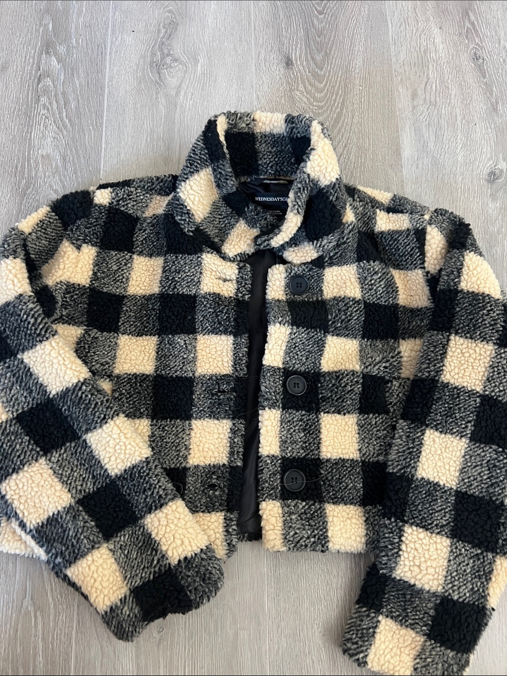 Sherpa Buffalo Check Button-Front Puffer Jacket - Black & Cream